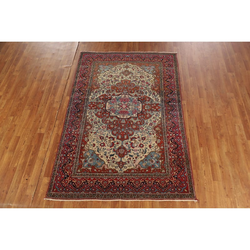 Hand Knotted Oriental 100% Wool Carpet Traditional Floral Beige & Ivories Isfahan Area Rug - 6' 7'' X 4' 4''