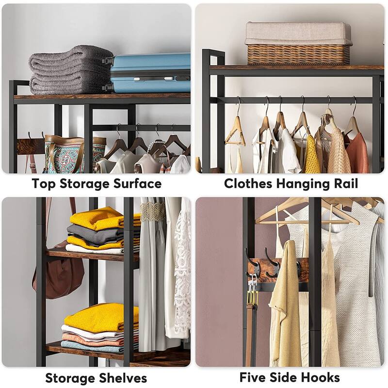 Freestanding Closet Organizer with 2 Drawers, Clothes Shelf Garment Rack with Shelves and Hanging Rod, Clothing Storage-Brown