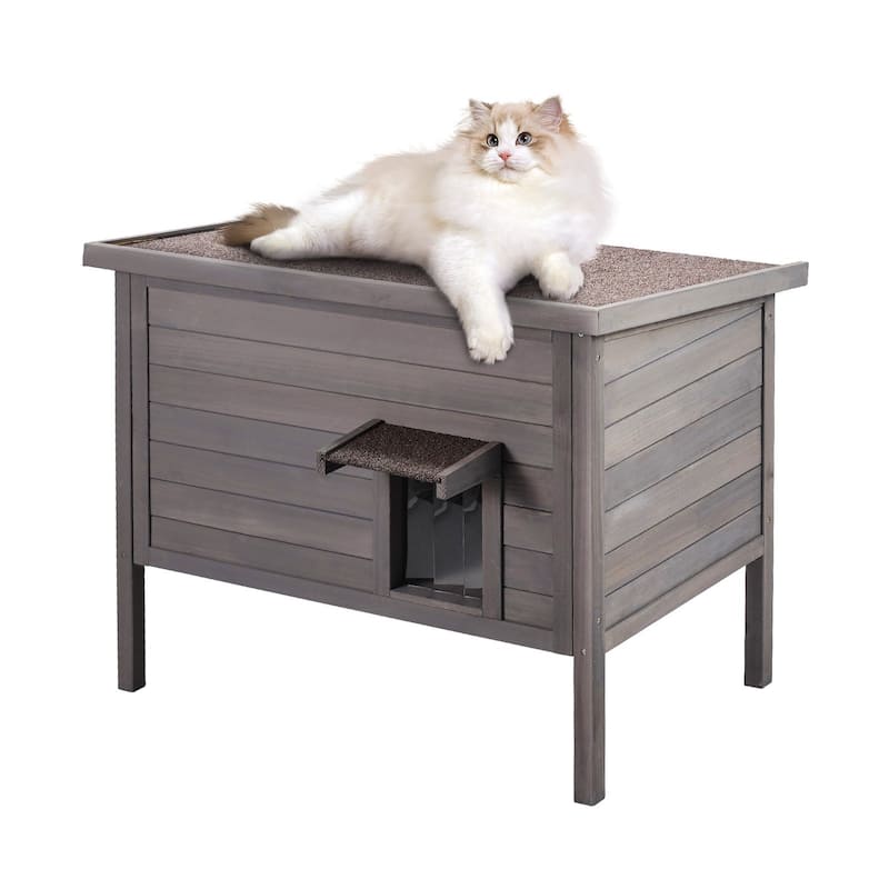 Grey Wooden Cat House with Openable Roof Top and PVC Flap Doors Suitable for Indoor or Outdoor - 34” x 22” x 27” - Grey