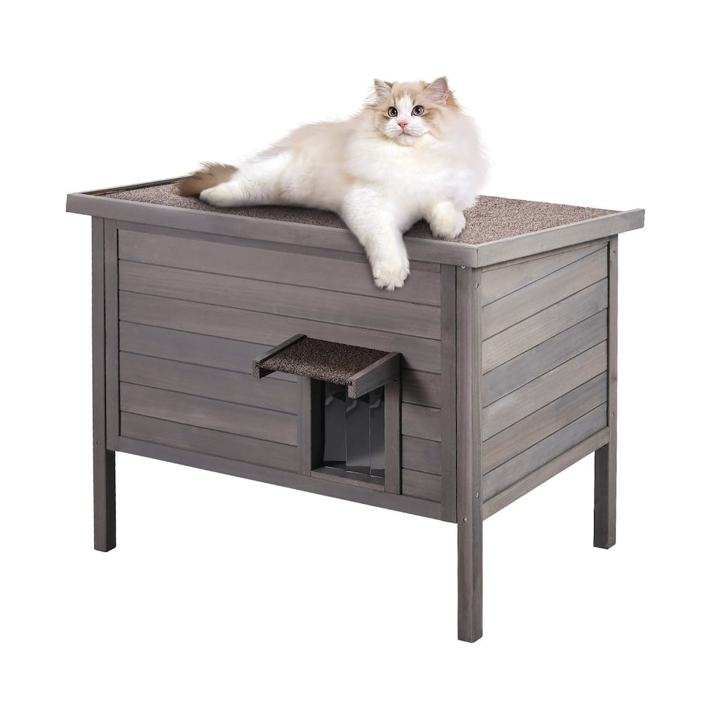 Grey Wooden Cat House with Openable Roof Top and PVC Flap Doors Suitable for Indoor or Outdoor - 34” x 22” x 27”