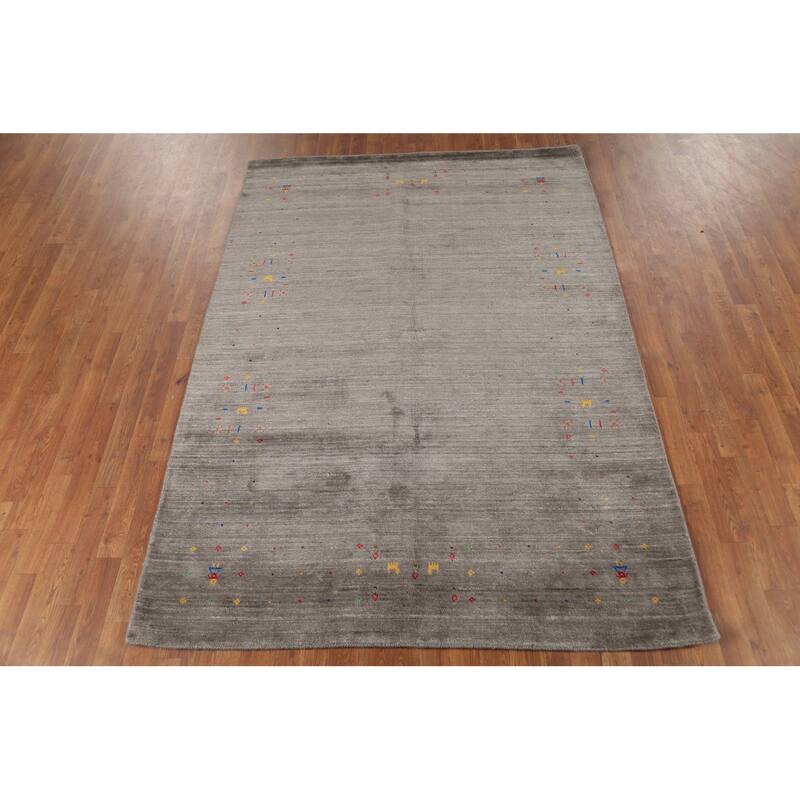 Tribal Gabbeh Area Rug Hand-Knotted Oriental Grey Wool Carpet - 5'5"x 7'7"