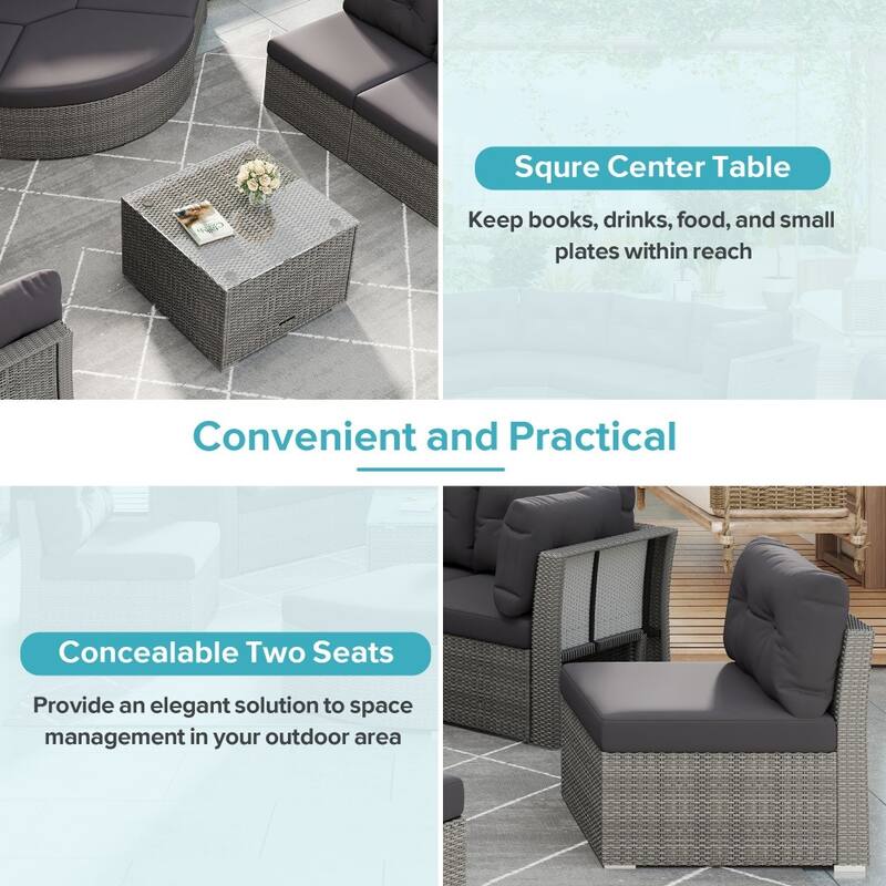 Patio Furniture Daybed Rattan Sectional Sofa Set with Cushions and Center Table