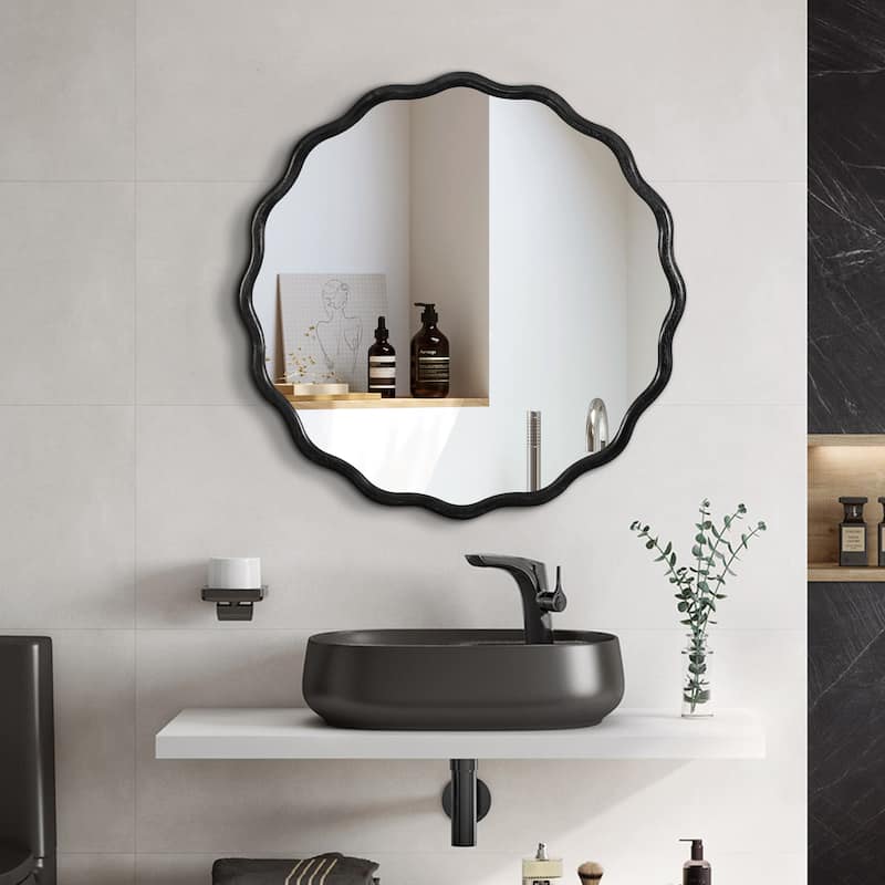 Mia Solid Wood Wavy Round Wall Mirror with HD Reflection and Artistic Frame Design by GDFStudio