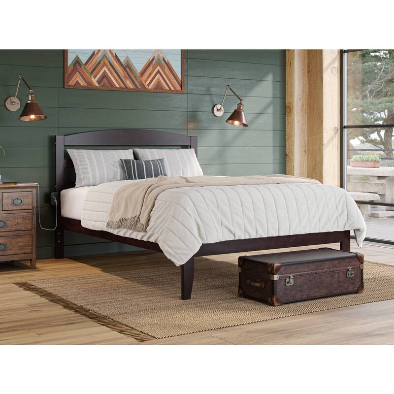 Full Platform Bed - Solid Wood, Espresso Finish - Minimalist Design with Headboard & Charging Station