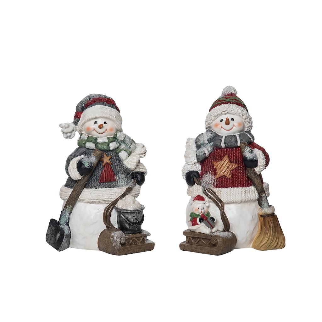 Transpac Resin Primitive Snowman w/Sled Figurine Set of 2 Christmas Home Decorations