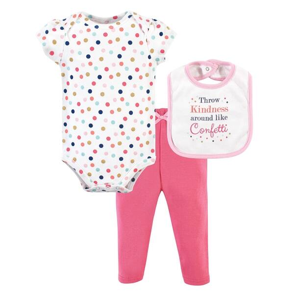 slide 1 of 1, Little Treasure Baby Girl Bodysuit, Pant and Bib, Kindness 0-3 Months - Kindness