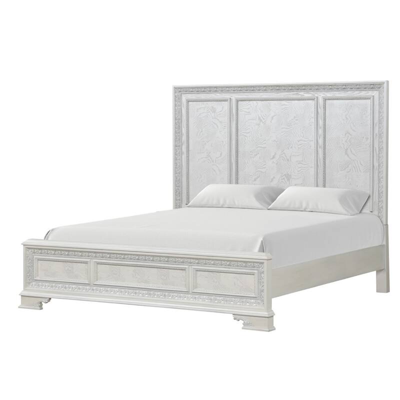 Miamy King Bed, Creamy White Wood, Panel Design, Silver Brushed Accents