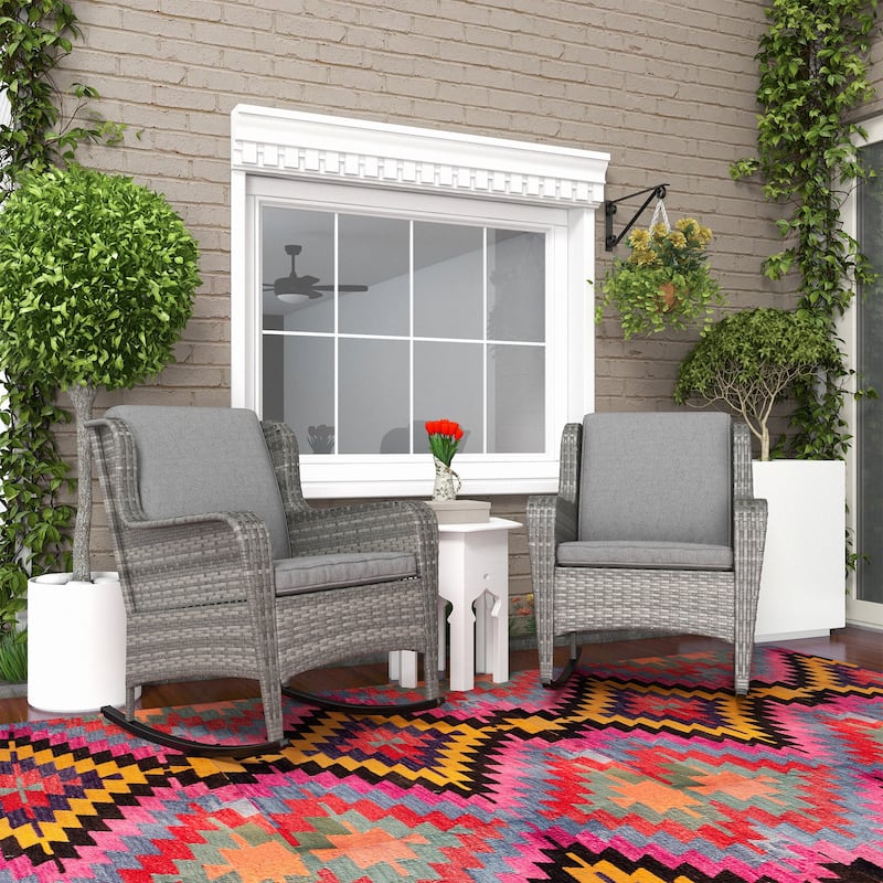 Outsunny Outdoor Wicker Rocking Chair Set of 2 with Wide Seat, Thick Cushions, Rattan Rockers with Steel Frame, High Weight - Grey