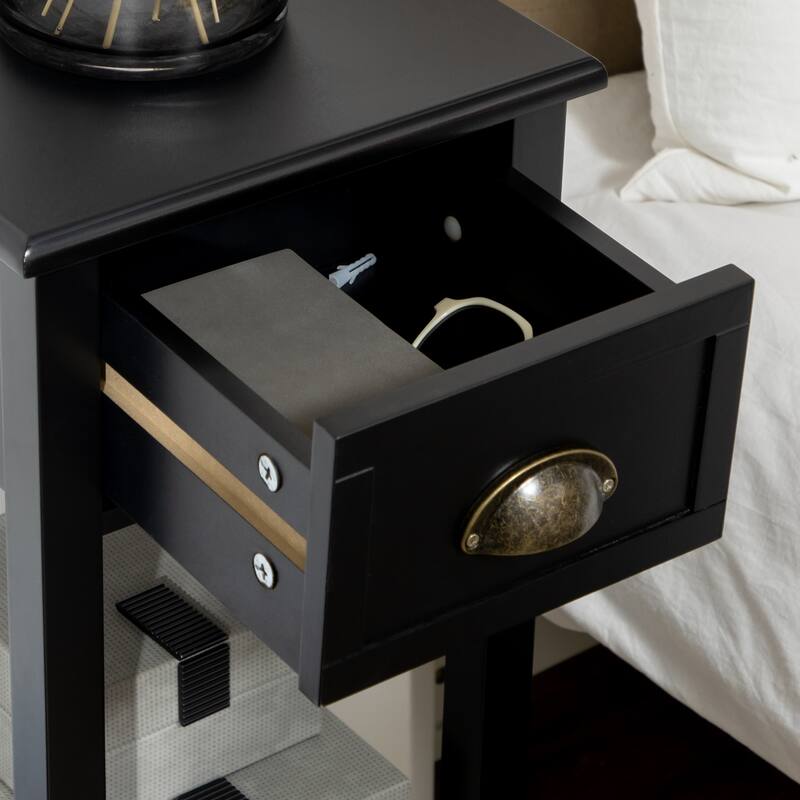 29" 2-Tier Side Table with Drawer and Shelf, Black MDF