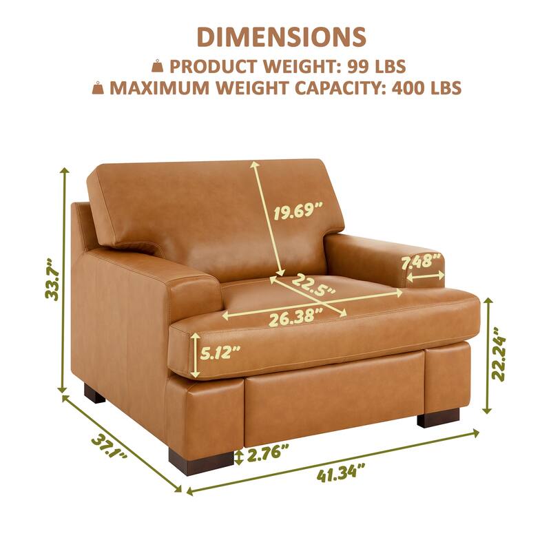 Genuine Leather Accent Chair - Luxurious Comfort Goose Feather Cushion Filling Square Arm Design Sturdy Block Legs