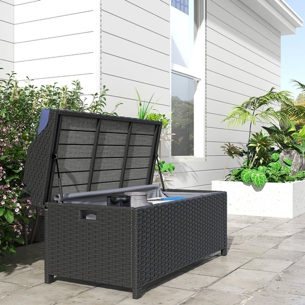 slide 2 of 9, Outsunny Outdoor Wicker Storage Bench Deck Box, PE Rattan Patio Furniture Pool Storage Bin Container Blue
