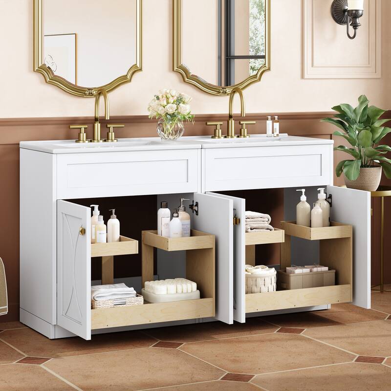 60'' Freestanding Bathroom Vanity Set with White Integrated Ceramic Sink - 60'' x 18.3'' x 34''