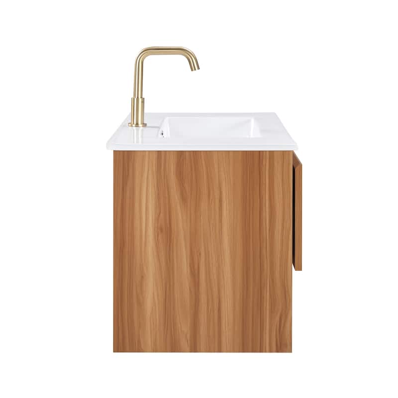 24" Floating Bathroom Vanity with Ceramic Sink - Wall Mounted Fluted Cabinet in Walnut with Drawers, Modern Design