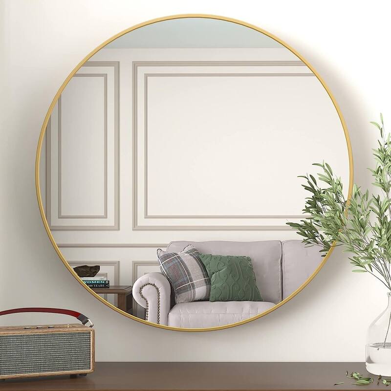 Round Wall Mirror Circle Bathroom Mirror Metal Frame for Bathroom Entryway Bedroom Living Room Wall Mounted Modern Rustic Decor - Gold - 36" x 36"