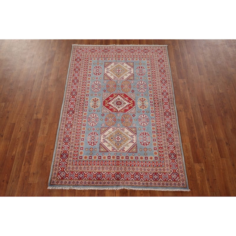 Light Blue Geometric Kazak Oriental Rug Bedroom Handmade Wool Carpet - 3'11" x 5'10"