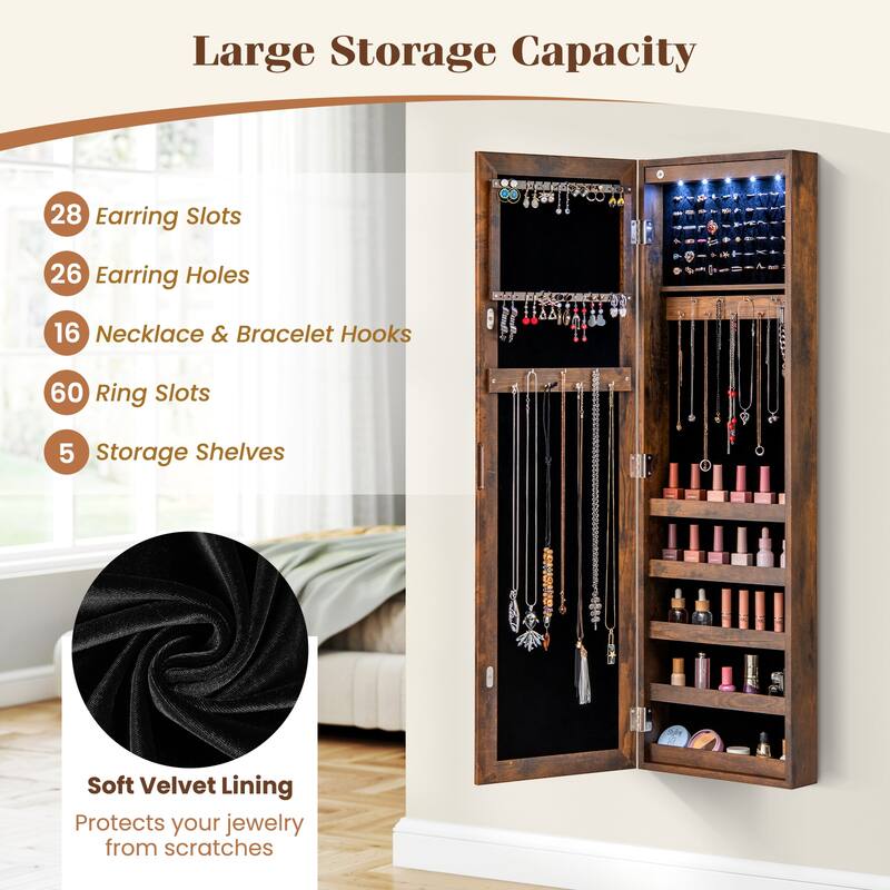 Wall Mounted or Door Hanging Jewelry Cabinet with Full Length Mirror and LED Lights - 12.5" x 3.7" x 42"