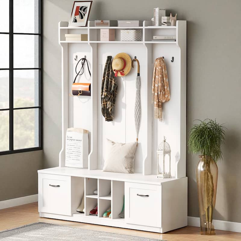 58.8 in Wide Hall Tree with Bench, 7 Hooks, 2 Drawers, Adjustable Shelves, Entryway Coat Rack Organizer, 76.7 in H