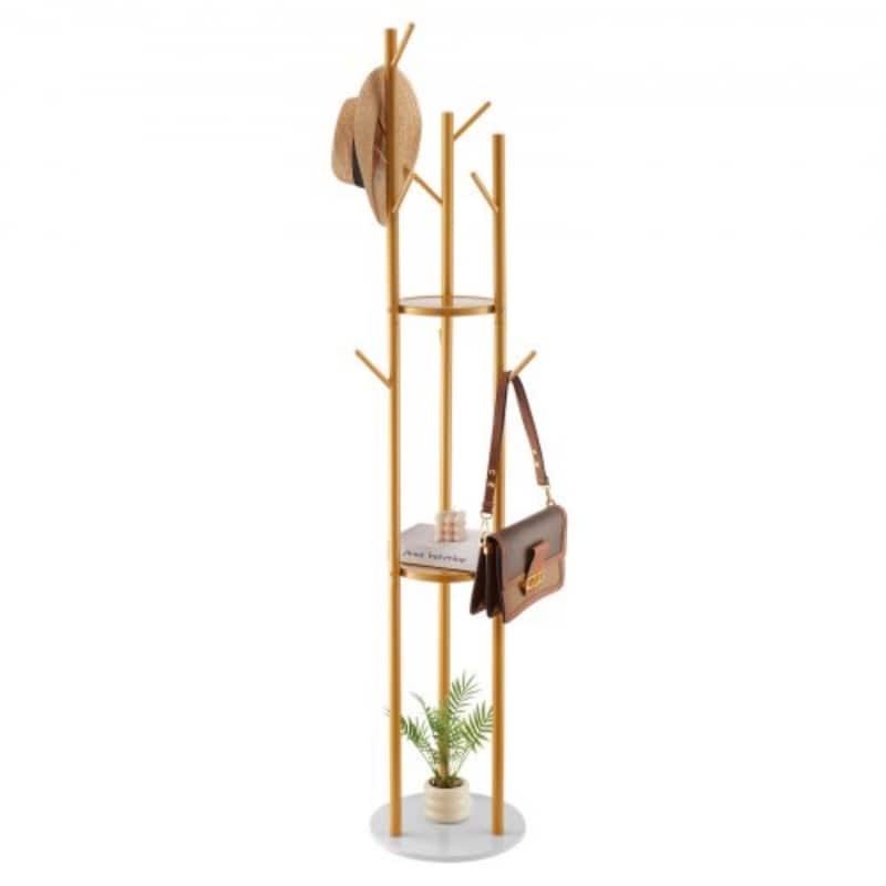 9-Hook Freestanding Coat Rack Stand with Gold Finish and Quartz Base for Living room or Bedroom - 13.4” x 13.4” x 66.93”