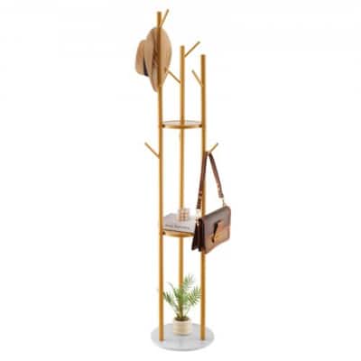 9-Hook Freestanding Coat Rack Stand with Gold Finish and Quartz Base for Living room or Bedroom - 13.4” x 13.4” x 66.93”