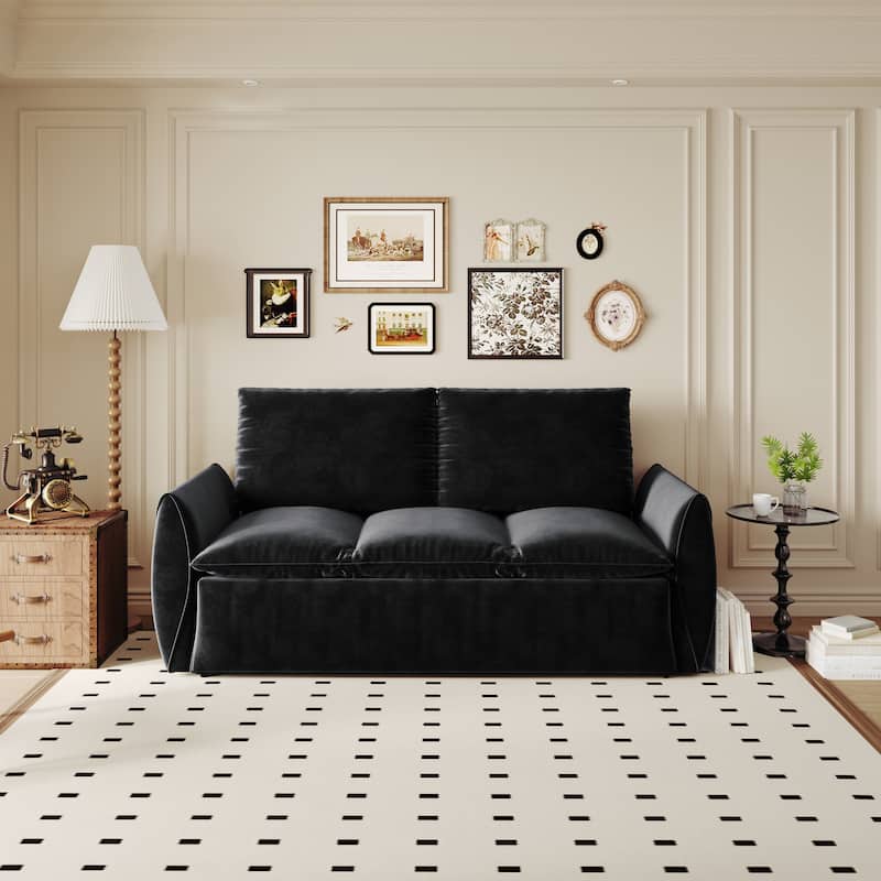 Velvet Loveseat Daybed, Pull Out Sofa Bed with Blanket Set, 3-Seat Convertible Sleeper Sofa with 2-in-1 Pillow