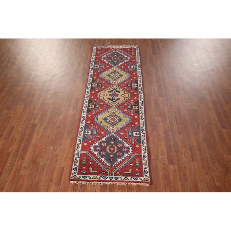 Red Geometric Kazak Oriental Runner Rug Hand-Knotted Wool Carpet - 2'7"x 8'1"
