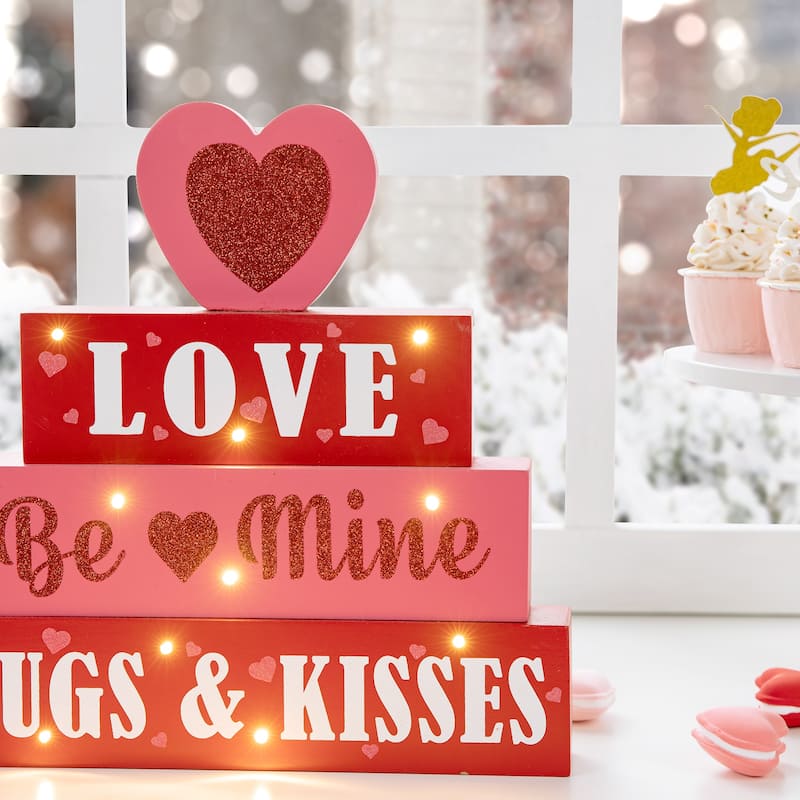 Glitzhome Valentines LED Wooden Block Love Table Decor
