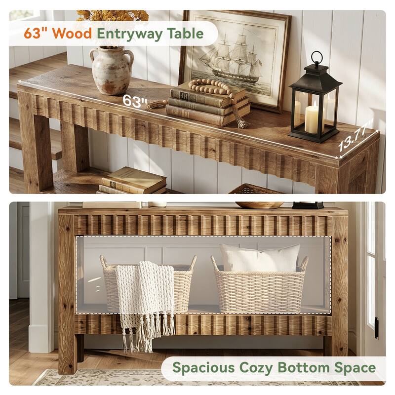 63 Inch Solid Wood Console Table for Entryway, Narrow Long Sofa Table with Storage Shelf, Farmhouse Style