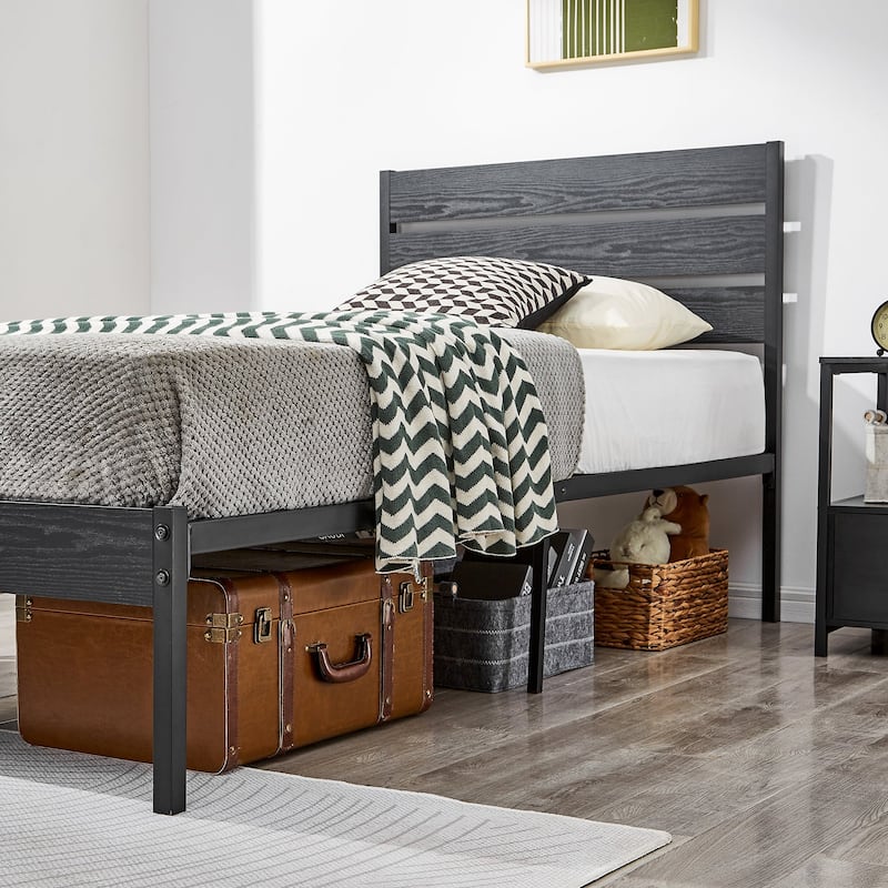 VECELO Industrial Wood Bed Frame with Headboard, Twin Size Beds/Full Size Beds/Queen Size Beds