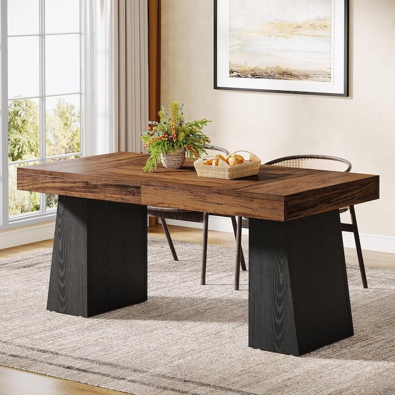 55-Inch Dining Table for 4-6, Rectangular Dining Room Table with Sturdy Legs - Brown & Black