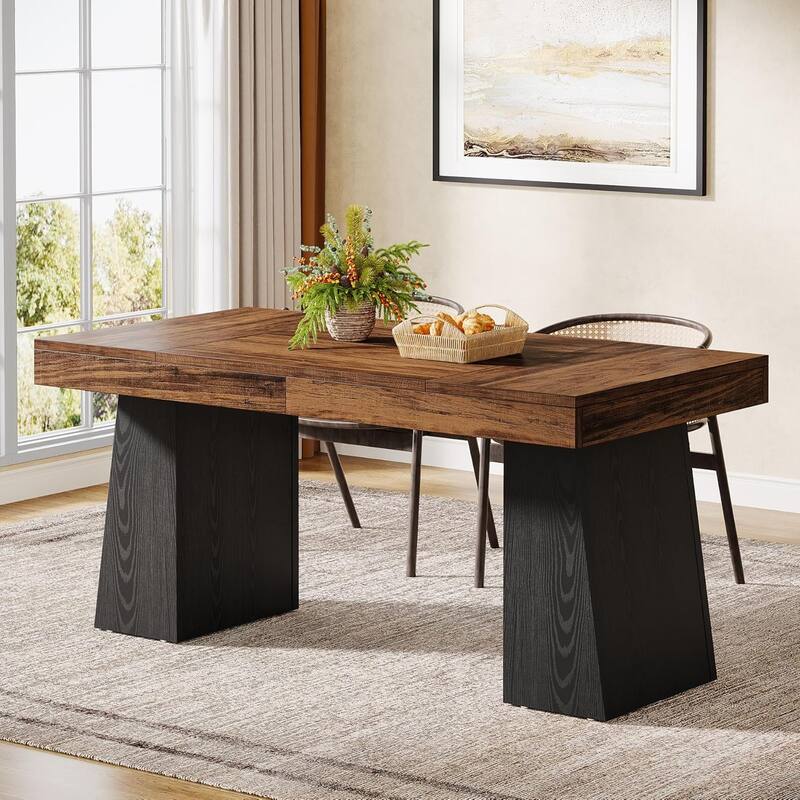 55 Inches Dining Table for 4-6, Rectangular Dining Room Table with Sturdy Legs - Brown & Black