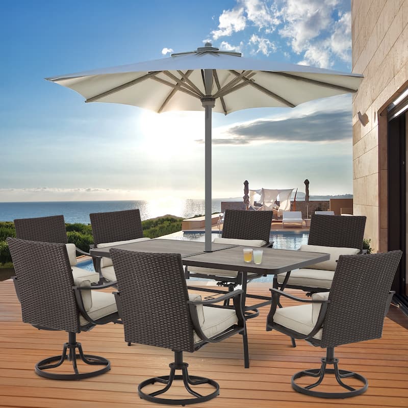 EROMMY Outdoor Dining Set, Swivel Rocking Chairs, Rectangular Table w Umbrella Hole, Patio Furniture Set for Backyard - 7-Piece