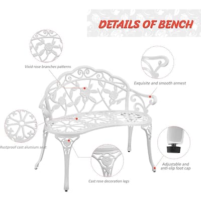 HOMEFUN Patio Outdoor Bench,White Cast-Aluminum Garden Benches Metal Loveseat Outdoor Furniture