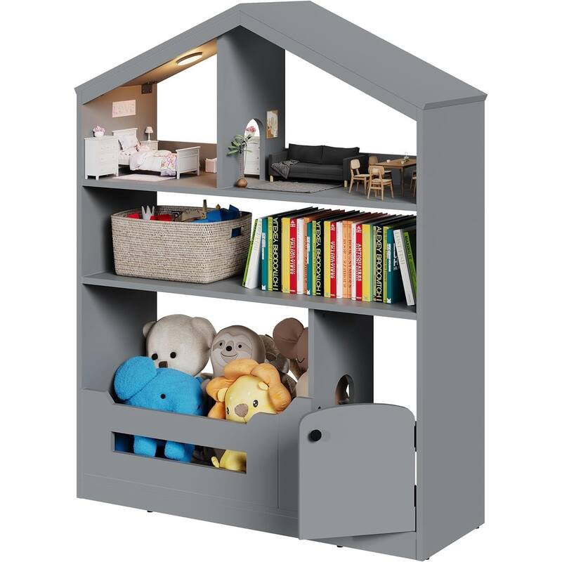 Kids Bookshelf and Toy Storage, Wooden Kids Bookcase with Motion Sensor Light