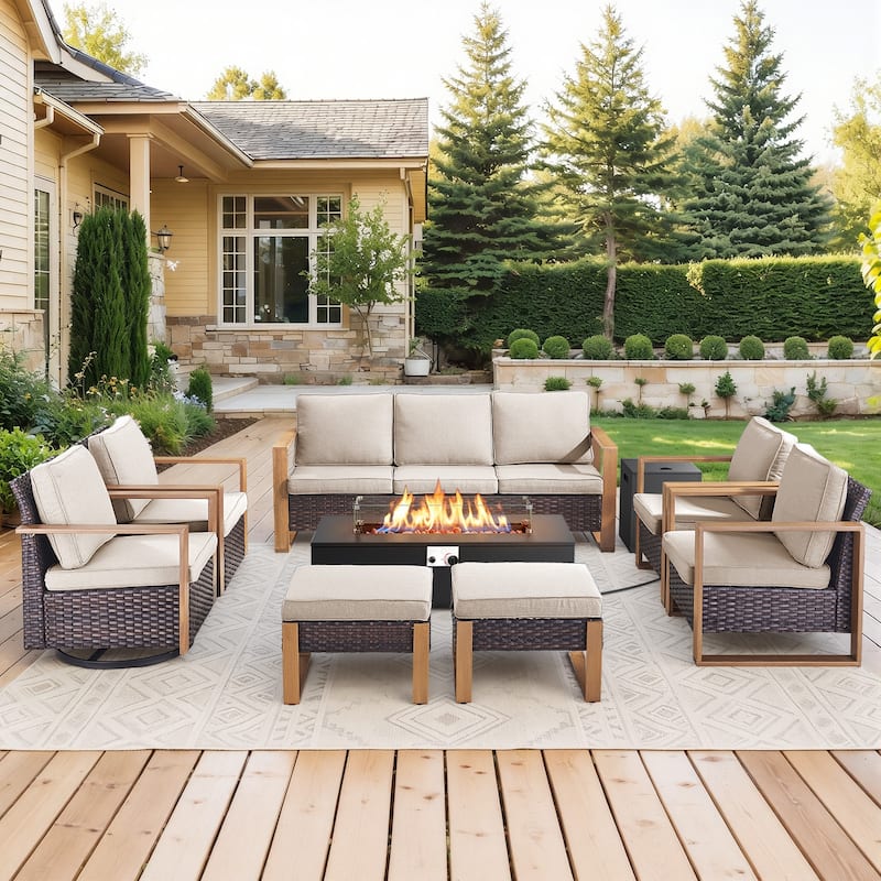 Meyreso Wicker Outdoor Patio Fire Pit Set with Swivel Gliders and 4.5-Inch Olefin Cushions