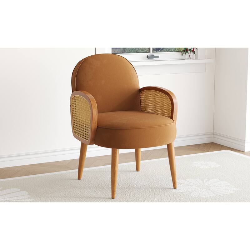 Mid-century Accent Chair with Rattan Armrests&Wooden Legs, for Living Room Reading Bedroom Balcony