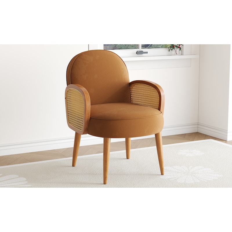 Velvet Accent Chair with Rattan Armrests