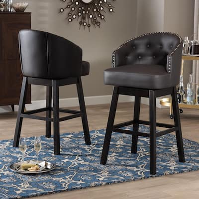 Avril Modern and Contemporary Brown Faux Leather Tufted Swivel Barstool with Nail heads Trim (Set of 2)