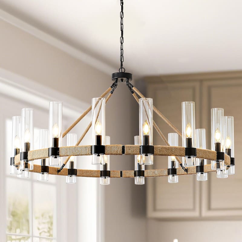 Modern Rustic Wagon Wheel Chandelier with Clear Glass Shades & Hemp Rope Accents - Matte Black - 16-Light
