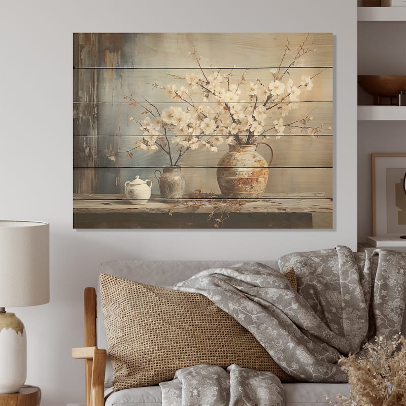 Designart "Pottery And Flowers Still Life" Trees Wood Wall Decor - Traditional Brown Wood Panel On Natural Pine Wood