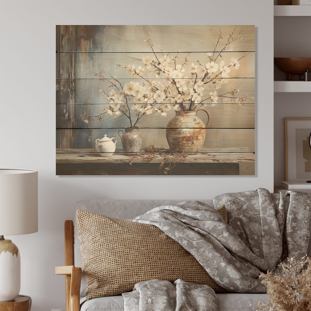 Designart "Pottery And Flowers Still Life" Trees Wood Wall Decor - Traditional Brown Wood Panel On Natural Pine Wood