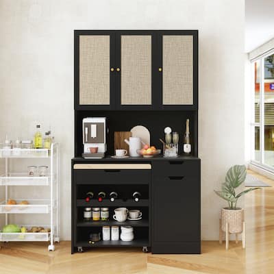 Kitchen Pantry Storage Cabinet with 3 Rattan Doors and Adjustable Shelves