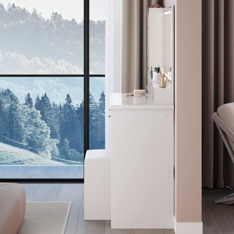 Dresser Set with Cushioned Stool, Extra Large Touch Control LED Mirror, Vanity Table with 3 Color Switch, High Capacity Storage