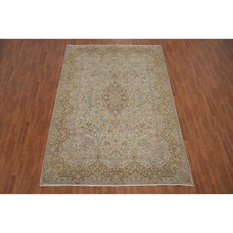 Hand Knotted Oriental 100% Wool Carpet Traditional Floral Beige & Ivories Kerman Area Rug - 11' 2'' X 7' 9''