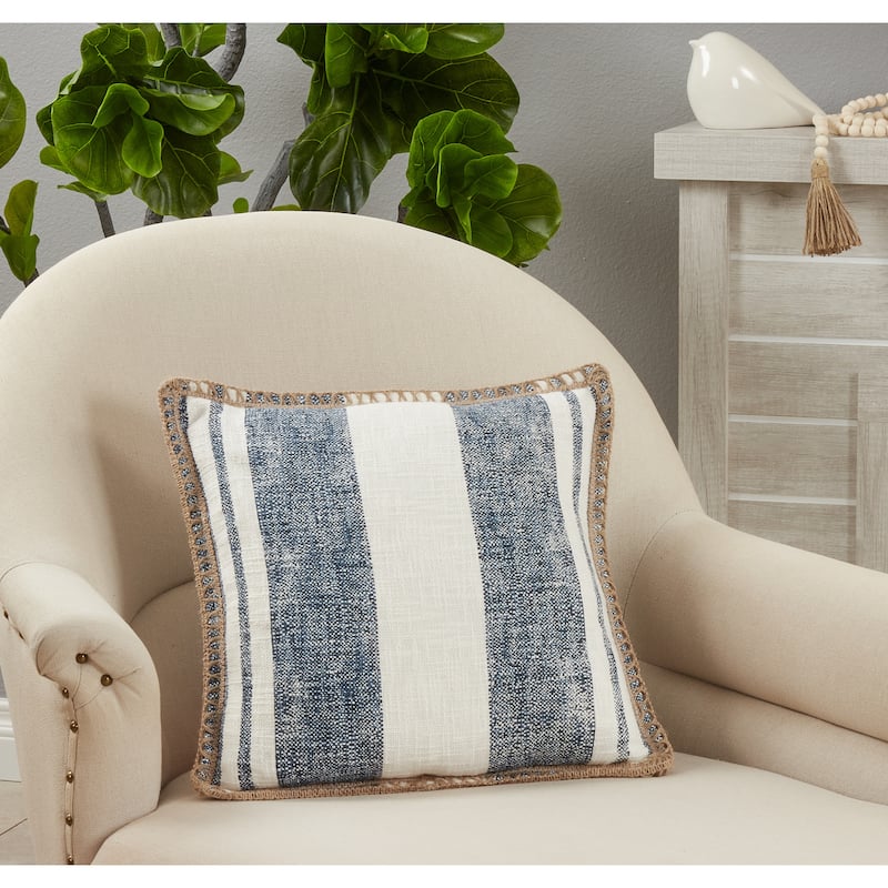 Throw Pillow With Striped Whipstitch Design, 18"x18" - Feather Down - Blue