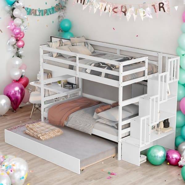 slide 2 of 17, Twin over Twin Bunk Beds With Twin Trundle and Stairway Storage for Home White