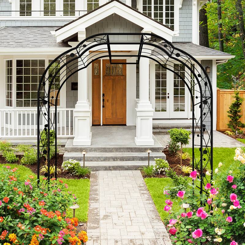 Anmytek Metal Garden Arch with Intricate Scrollwork, Weather Resistant Black Finish, Climbing Plant Trellis for Roses, Clematis