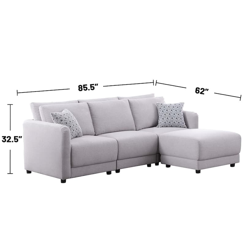 Linen Upholstered Sofa with Ottoman in Light Gray