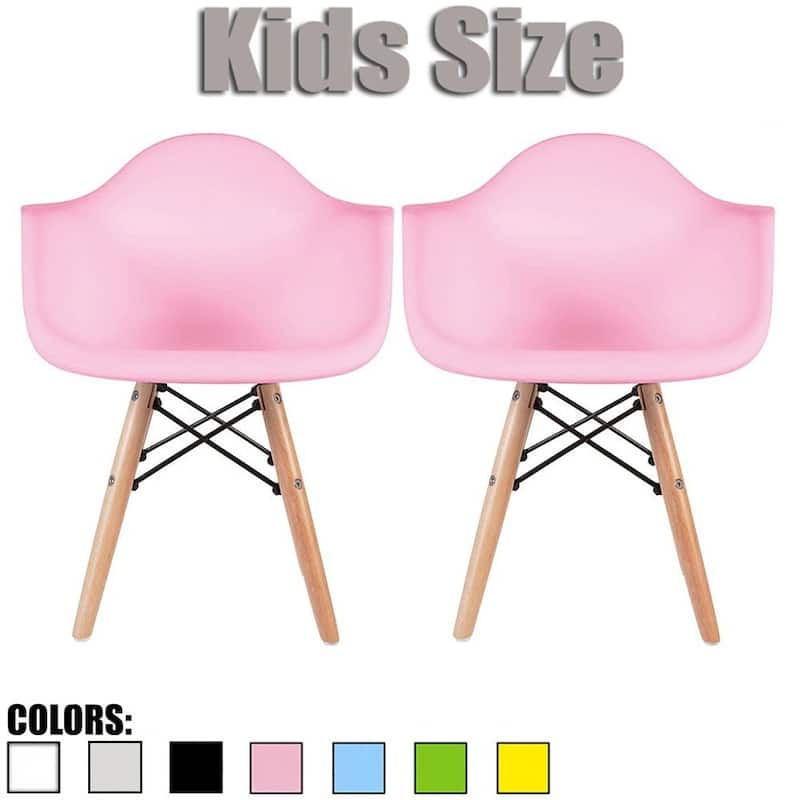 Set of 2 Modern Kids Toddler Size Molded Plastic Armchair With Arma Seat for Children's Room Natural Wood Eiffel Legs