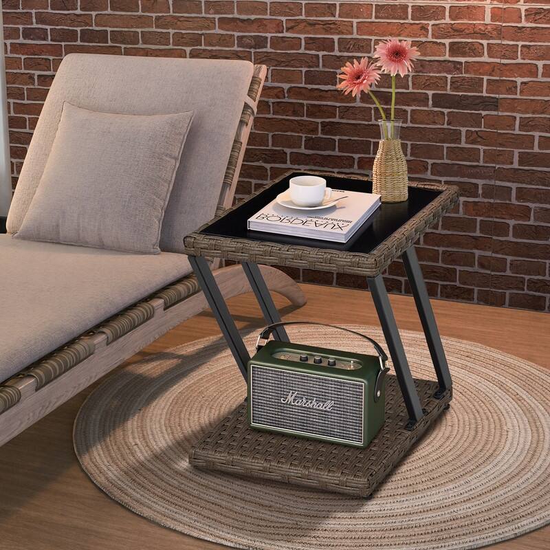 Modern Small Rattan Coffee Table Z-Shaped End Table for Living Room