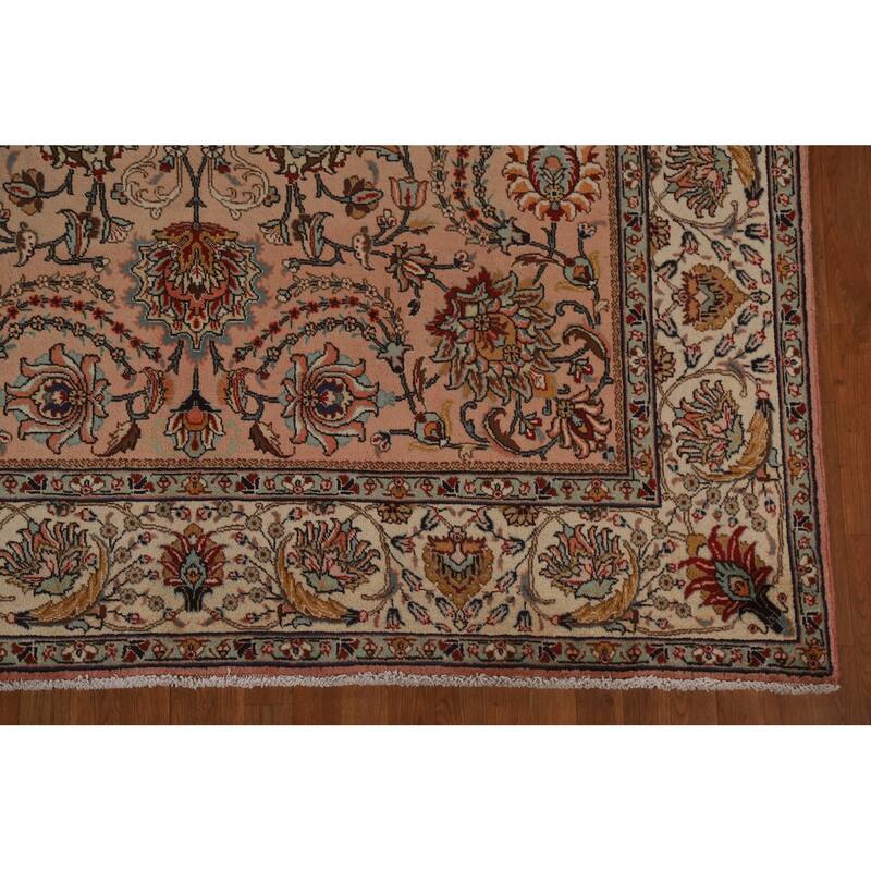 Hand Knotted Oriental 100% Wool Carpet Traditional All-Over Peach Tabriz Area Rug - 11' 2'' X 7' 7''